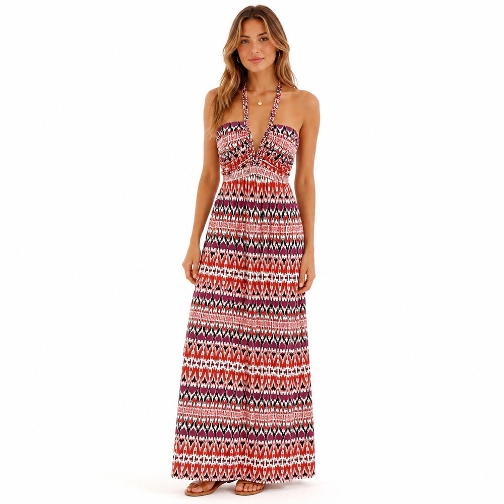 Boston Proper Ikat Geometric Maxi Dress Red Boho Braided T-Back Size S